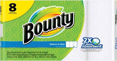 Bounty® Select-A-Size™ Paper Towels, White, 2-Ply, 63 Sheets/Roll, 8 Regular Rolls (PGC 88187/81531)
