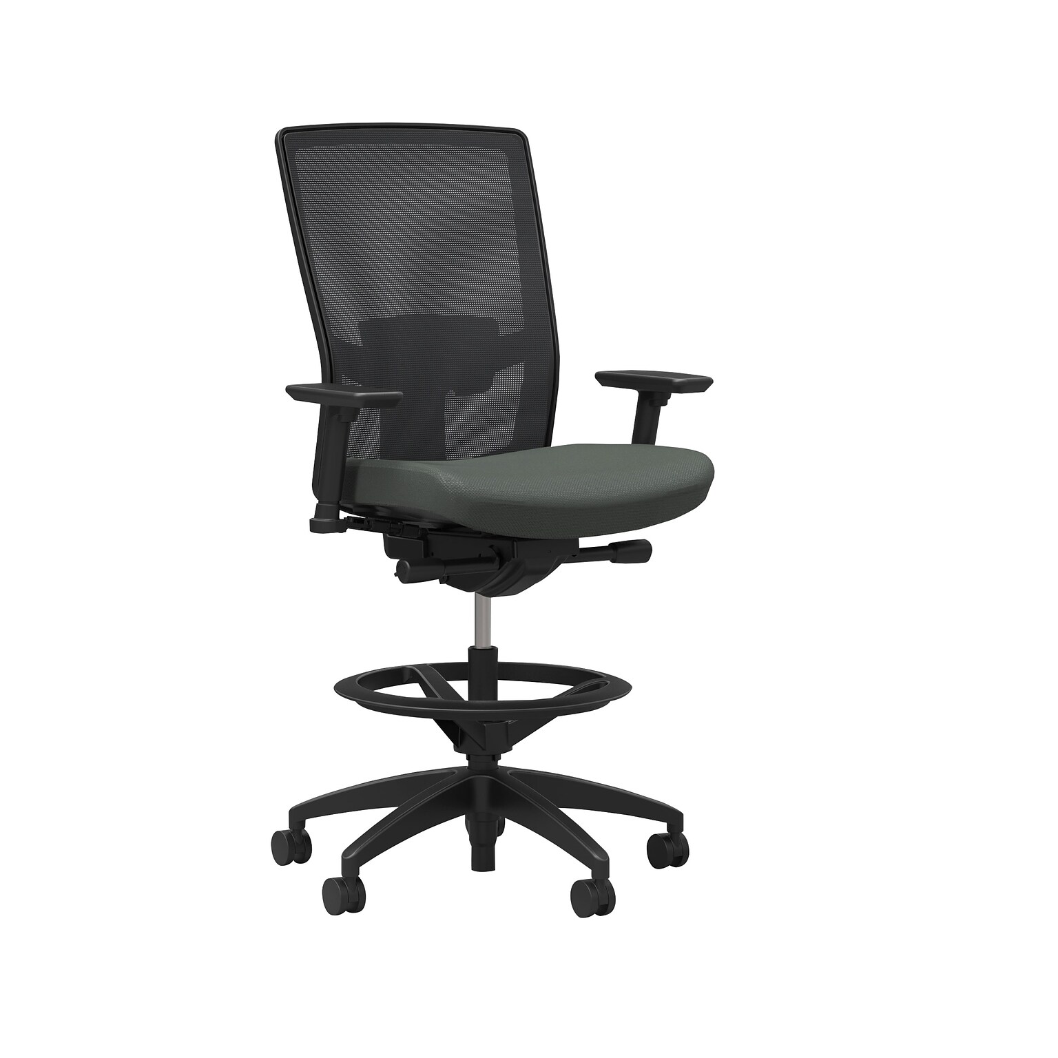 Union & Scale™ Workplace2.0 500 Series Mesh and Fabric Stool, Iron Ore, Adjustable Lumbar, 2D Arms, Synchro Tilt