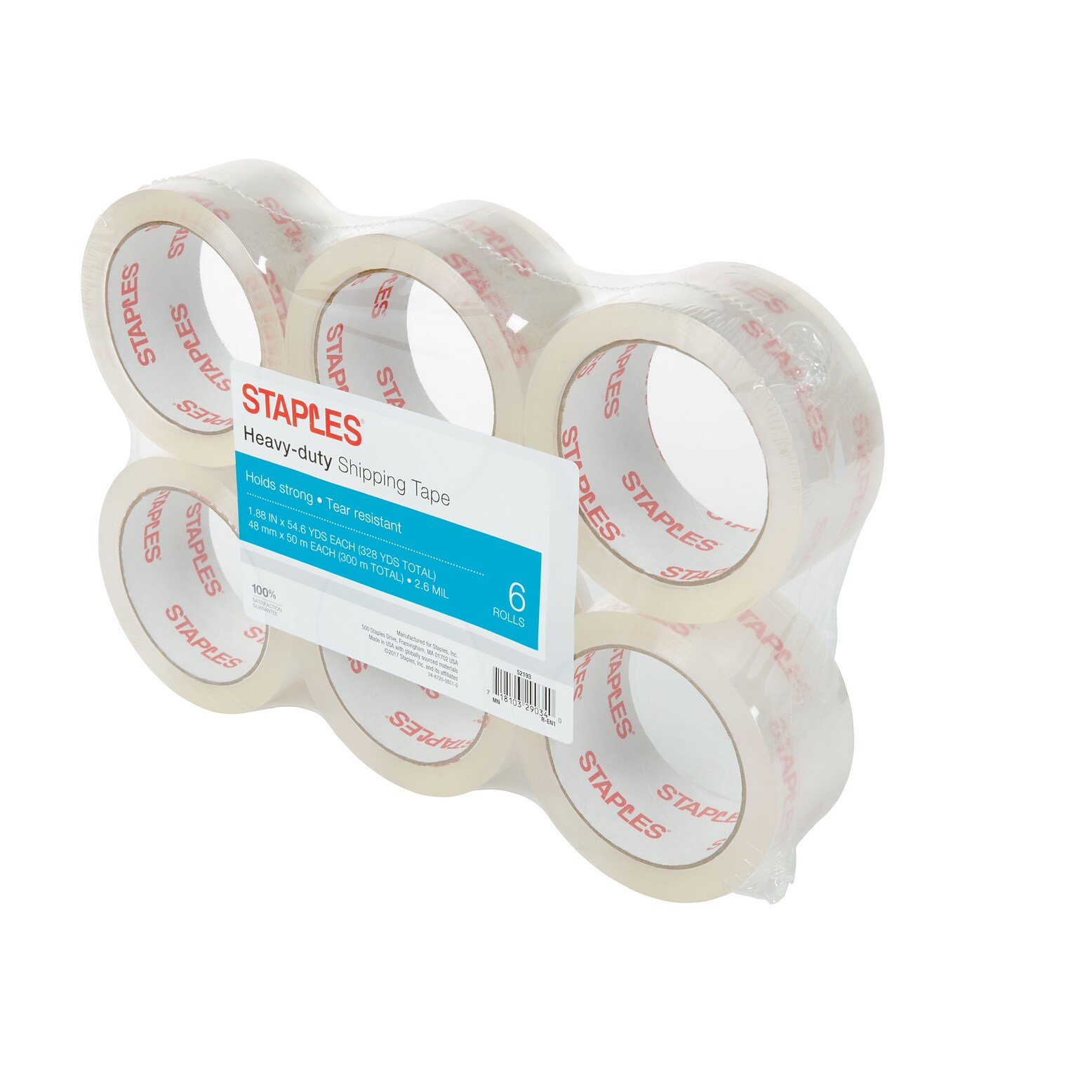 Staples Heavy Duty Shipping Packing Tape, 1.88 x 54.6 yds., Clear, 6/Pack (52193)