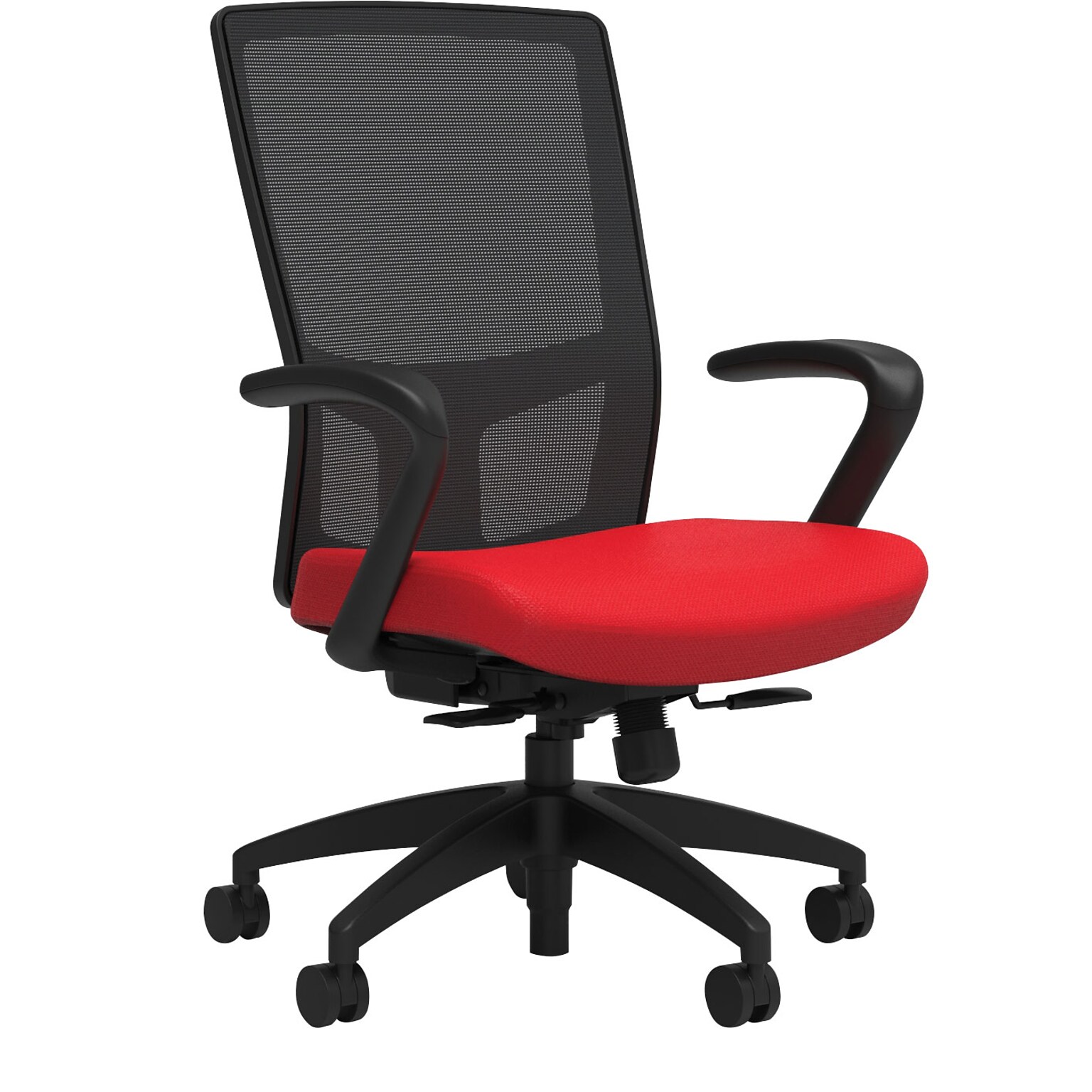 Union & Scale Workplace2.0™ Fabric Task Chair, Ruby Red, Integrated Lumbar, Fixed Arms, Synchro Seat Slide