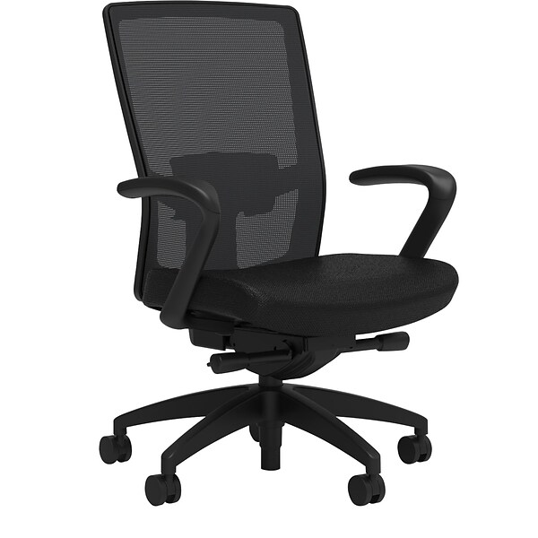 Union & Scale Workplace2.0™ Fabric Task Chair, Black, Adjustable Lumbar, Fixed Arms, Advanced Synchro Tilt