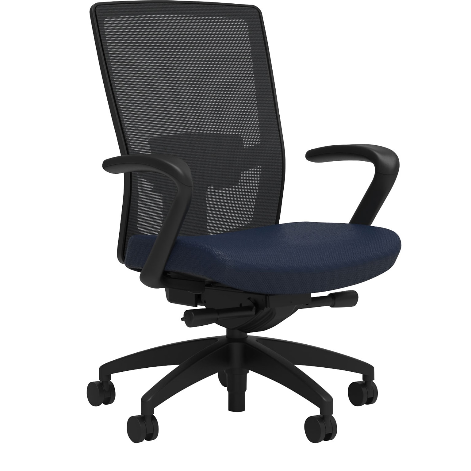 Union & Scale Workplace2.0™ Fabric Task Chair, Navy, Adjustable Lumbar, Fixed Arms, Advanced Synchro Tilt