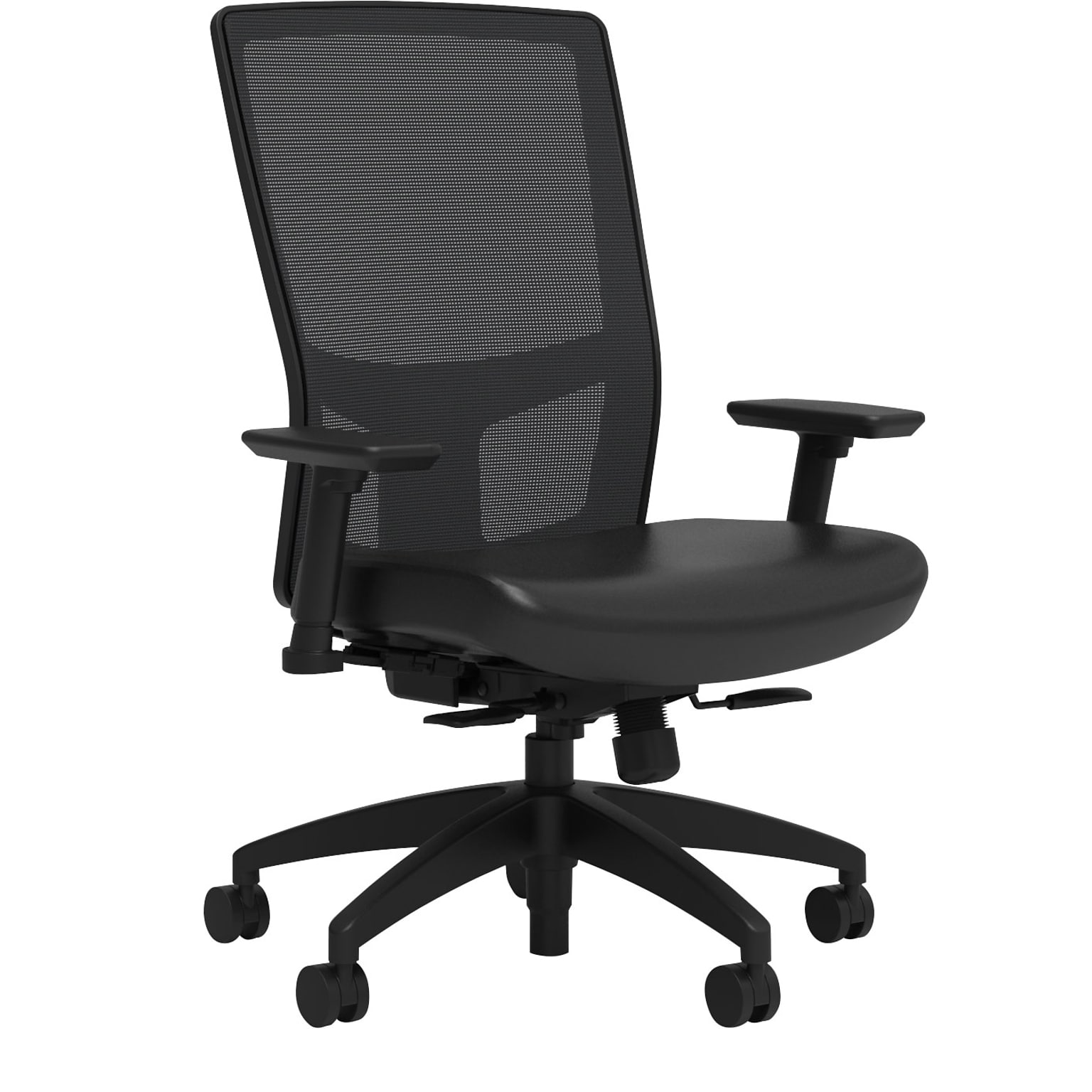 Union & Scale Workplace2.0™ Vinyl Task Chair, Black, Integrated Lumbar, 2D Arms,  Synchro Seat Slide