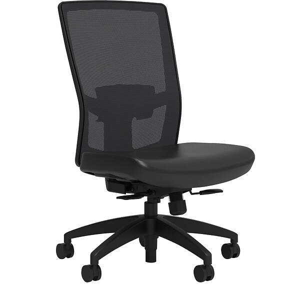 Union & Scale Workplace2.0™ Vinyl Task Chair, Black, Adjustable Lumbar, Armless, Synchro Seat Slide