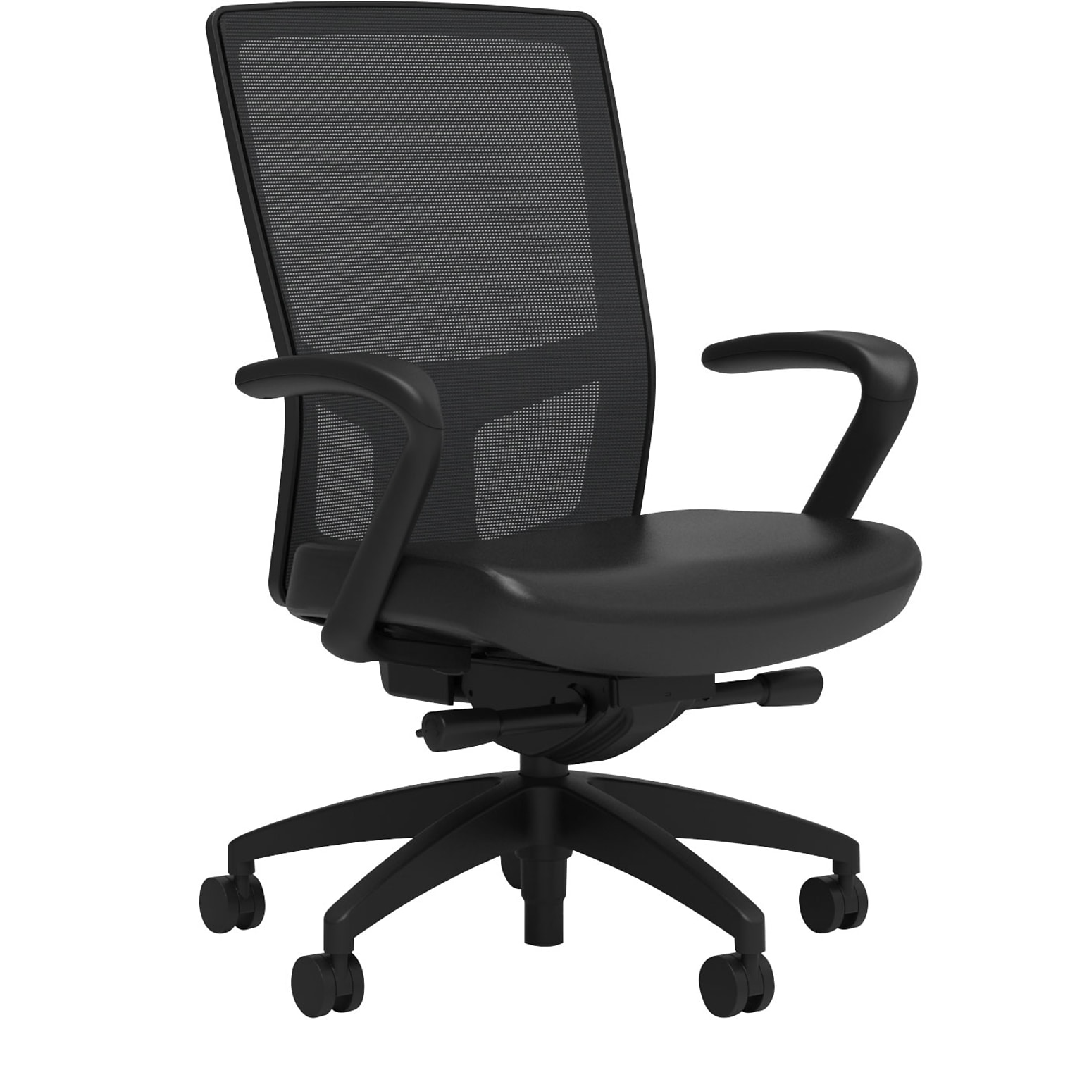 Union & Scale Workplace2.0™ Vinyl Task Chair, Black, Integrated Lumbar, Fixed Arms, Advanced Synchro Tilt