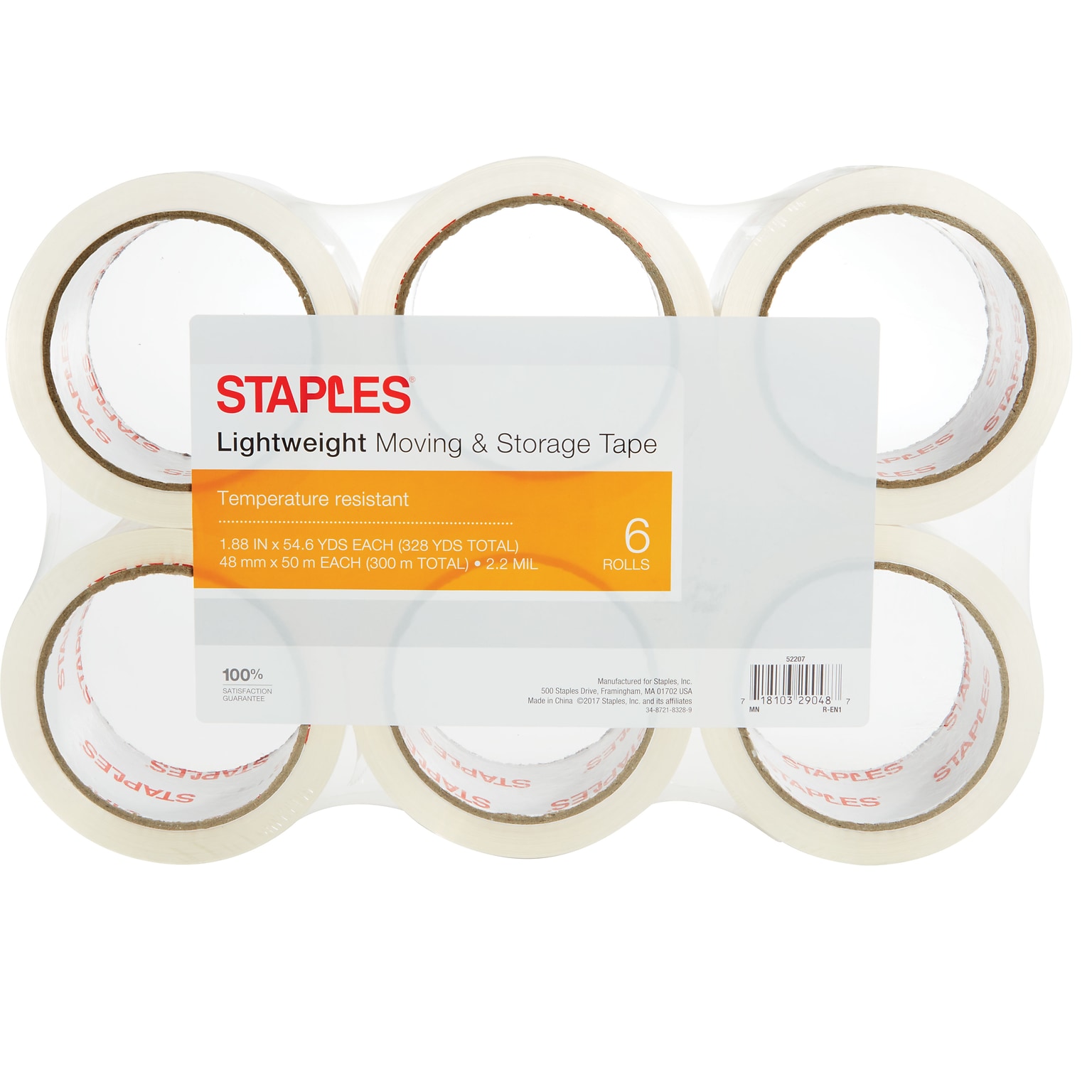 Staples® Lightweight Moving and Storage Packing Tape, 1.88 x 54.6 yds, Clear, 6/Pack (ST-A22-6)