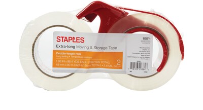 Staples® Long Lasting Storage Packing Tape with Dispenser, 1.88 x 98 Yds, Clear, 2/Rolls (ST-A26-90