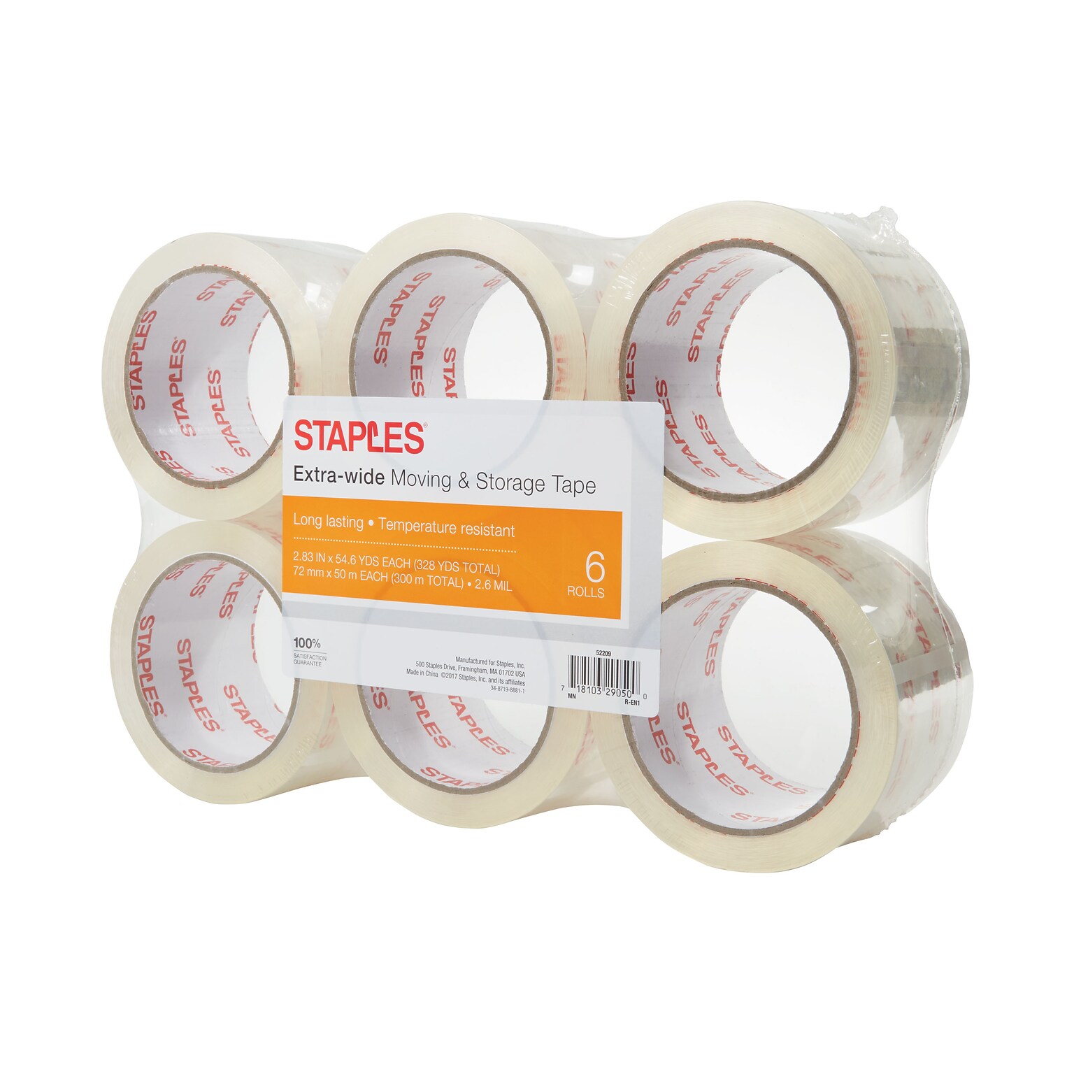 Staples® Moving and Storage Packing Tape, 2.83 x 54.6 yds, Clear, 6/Pack (ST-XW26-6)