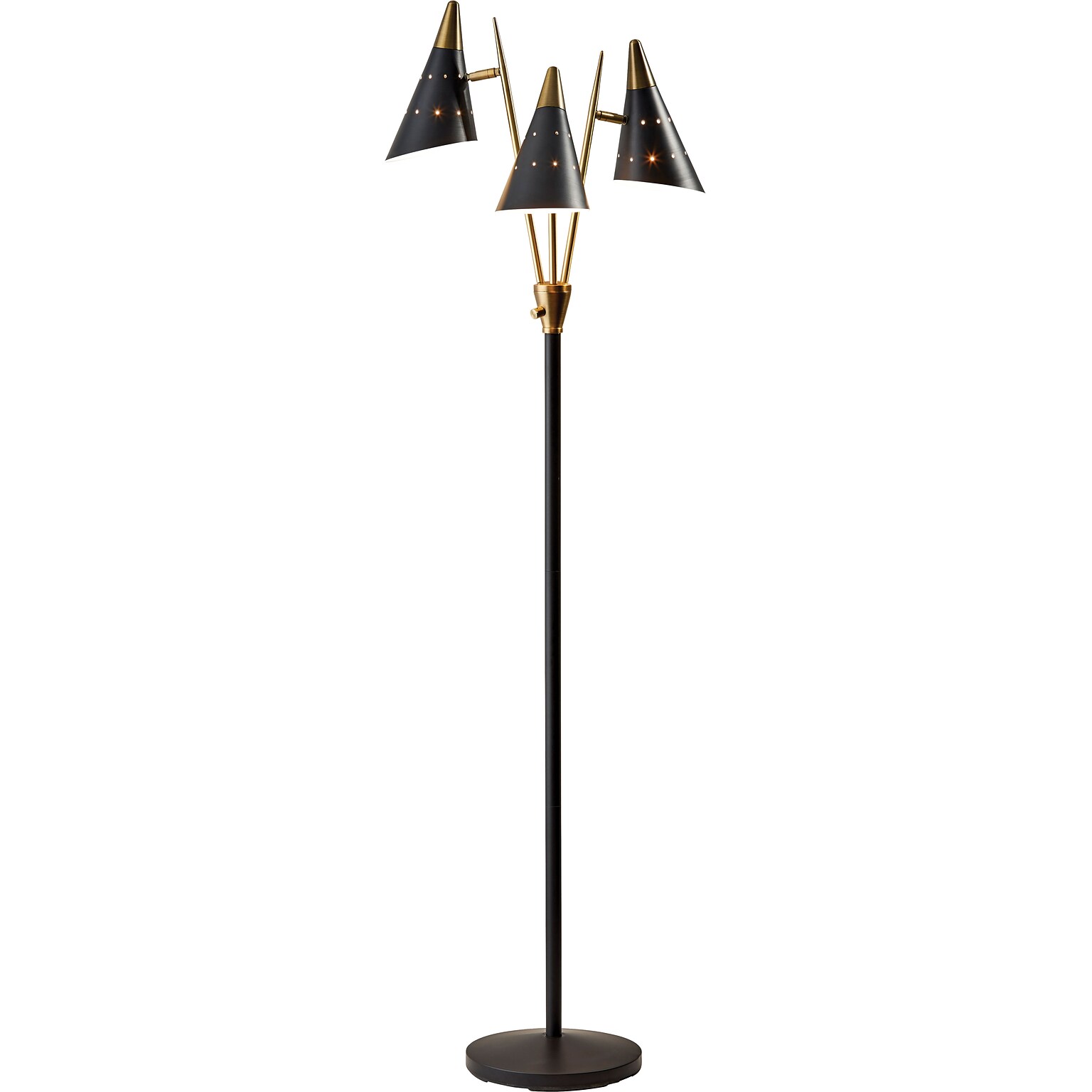 Adesso® Nadine 66H Matte Black and Antique Brass 3-Arm Floor Lamp with Matte Black Cone Shades (3249-01)