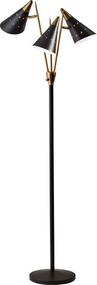 Adesso® Nadine 66"H Matte Black and Antique Brass 3-Arm Floor Lamp with Matte Black Cone Shades (3249-01)