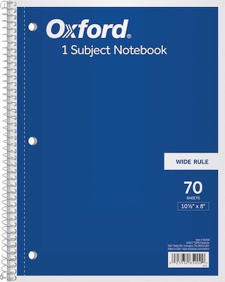 Oxford 1-Subject Notebooks, 8" x 10.5", Wide Ruled, 70 Sheets, Each (65000)