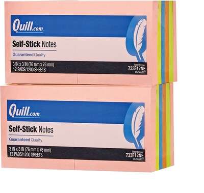 Quill Brand® Self-Stick, Flat Notes, 3 x 3, Neon Colors, 24 Pack (CD733F12NE1)