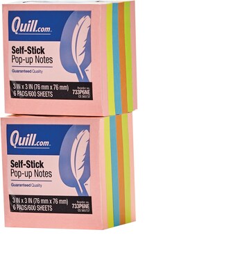 Quill Brand® Self-Stick, Pop-Up Notes, 3 x 3, Neon Colors, 12 Pack (CD733P6NE1)