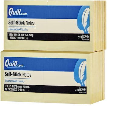 BOGO Quill Brand® Self-Stick, Flat Notes, 3 x 3, Yellow, 12 Pack