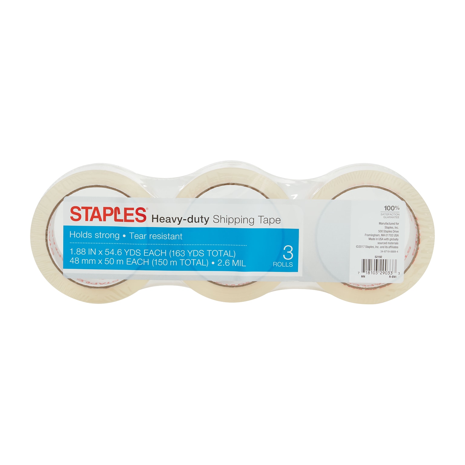 Staples® Heavy Duty Packing Tape, 1.88 x 54.6 yds., Clear, 3/Pack (52192)