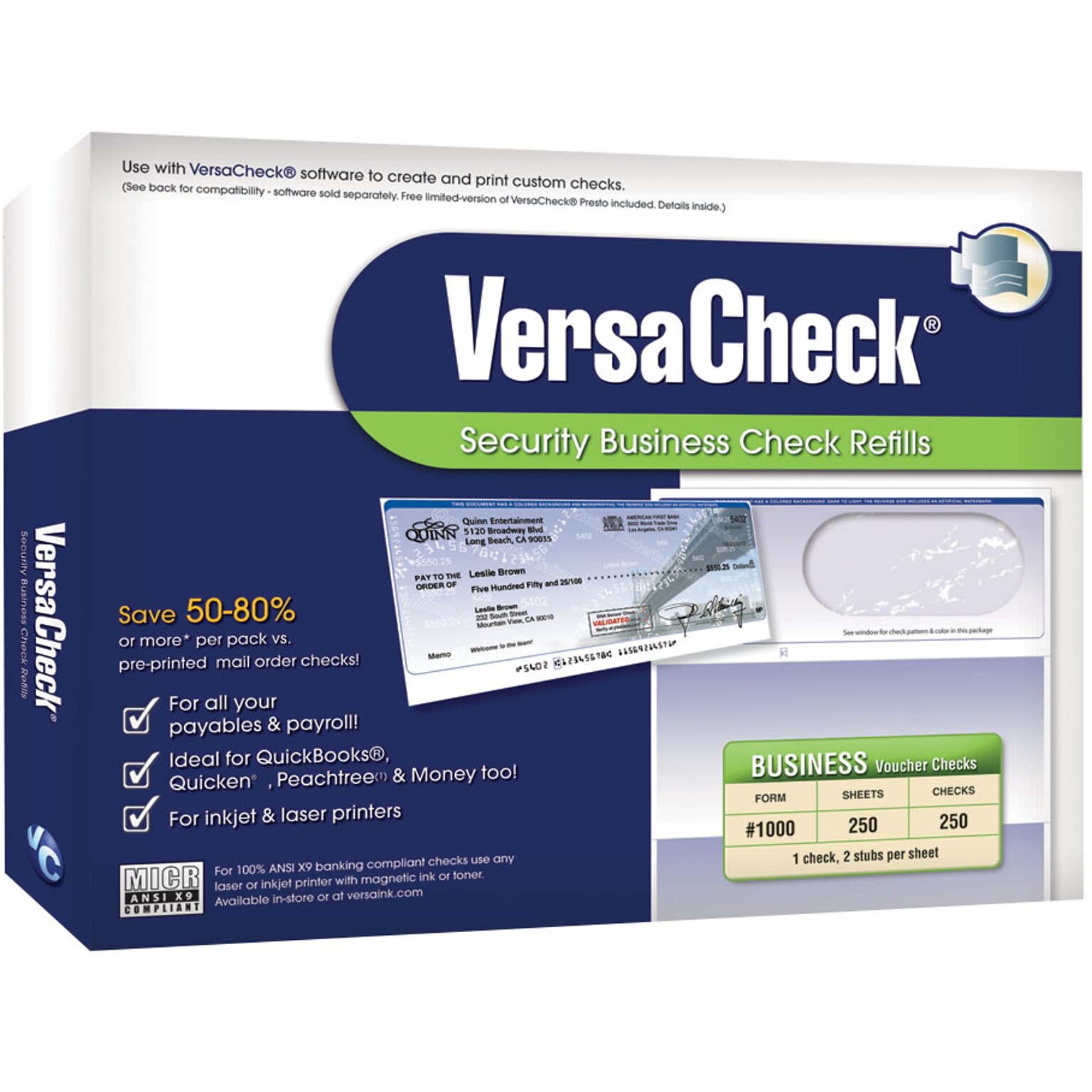 VersaCheck 8.5 x 11 Business Custom Checks, Blue, 250 Sheets/Pack (GLO921800F006)