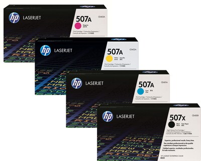 HP 507X High Yield Black/HP 507A Standard Yield Cyan/Magenta/Yellow Original Toner, Multi-Pack (4 pack)