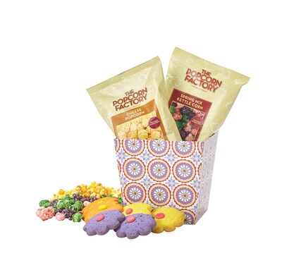 The Popcorn Factory®, A Market Tray Filled With Popcorn & Flower Cookies