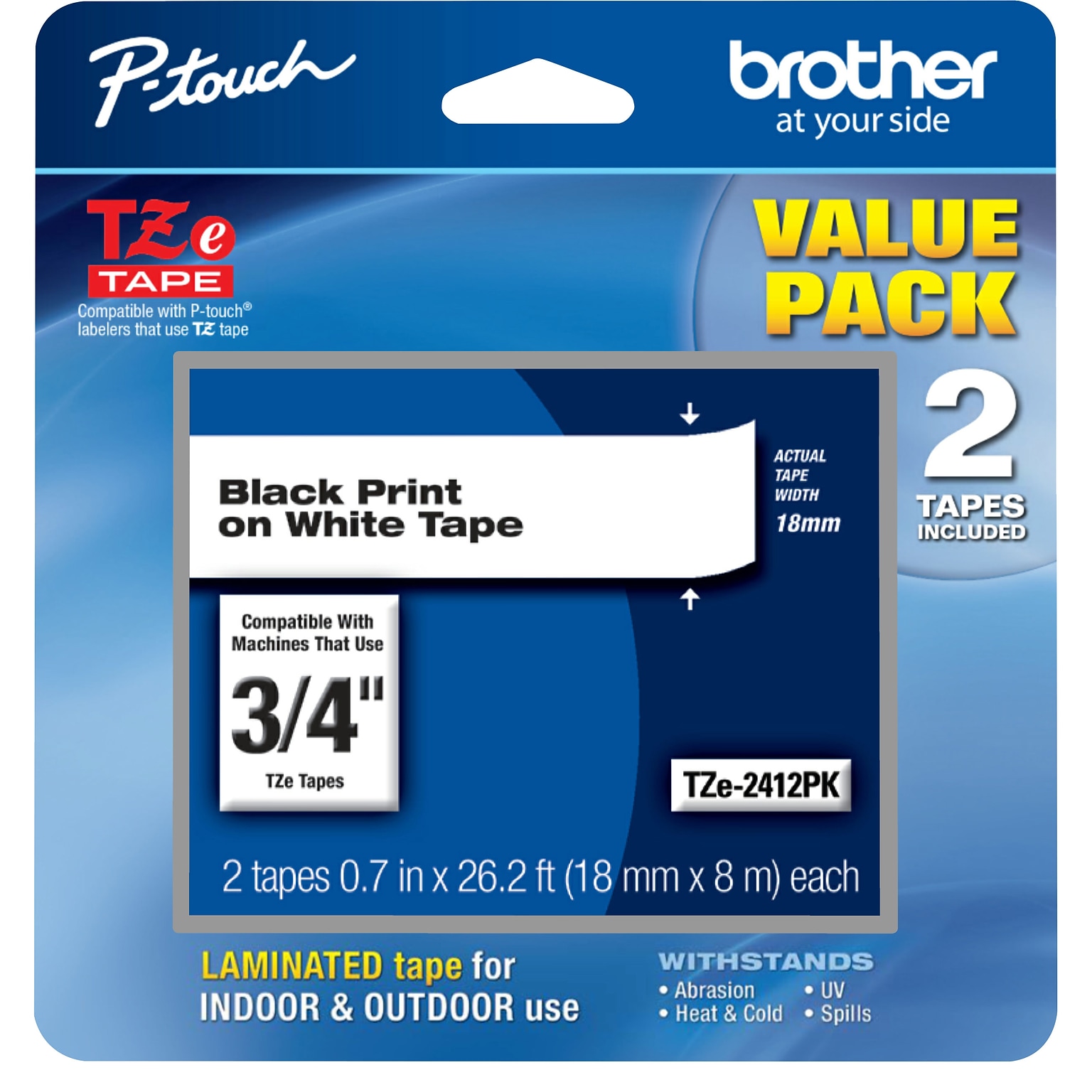 Brother P-touch TZe-241 Laminated Label Maker Tape, 3/4 x 26-2/10, Black On White, 2/Pack (TZe-2412PK)