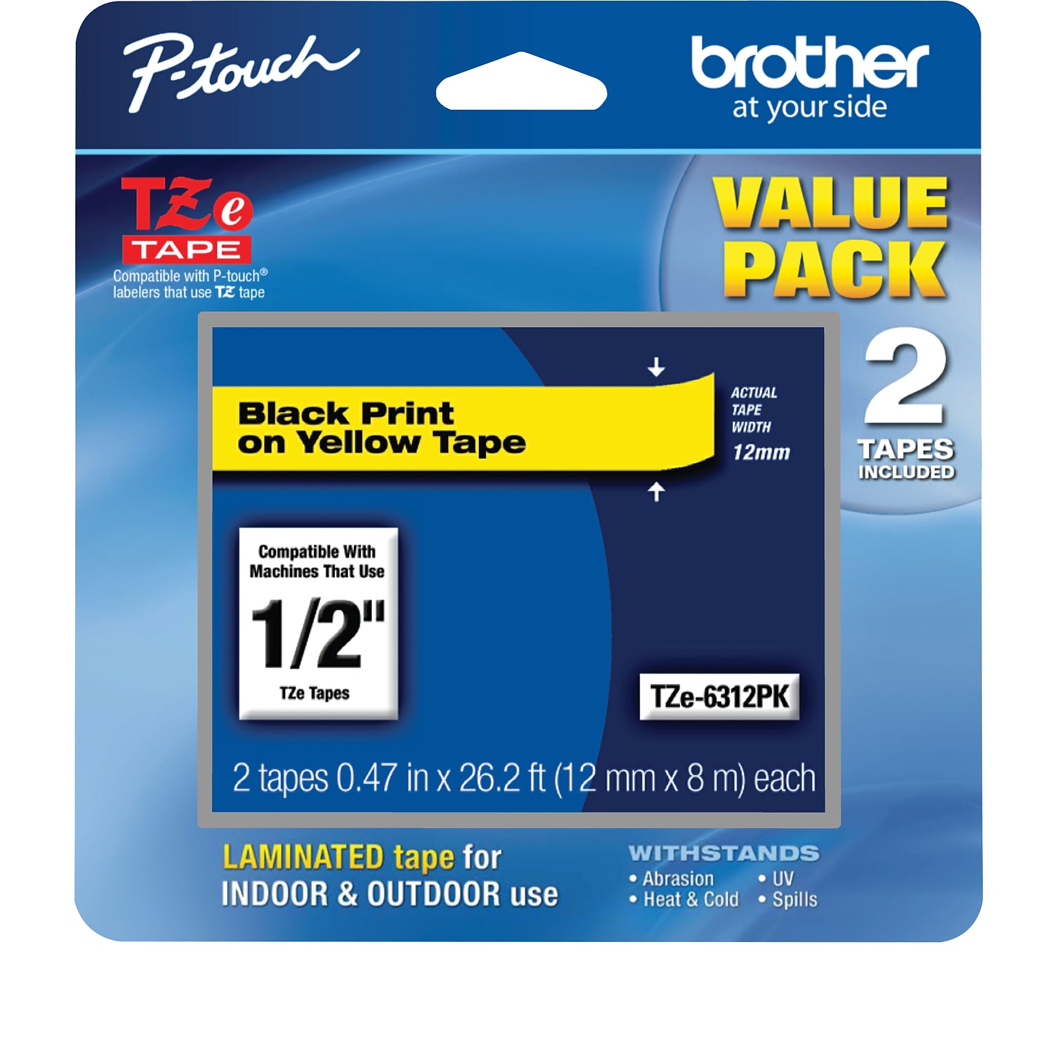 Brother P-touch TZe-631 Laminated Label Maker Tape, 1/2 x 26-2/10, Black on Yellow, 2/Pack (TZe-6312PK)