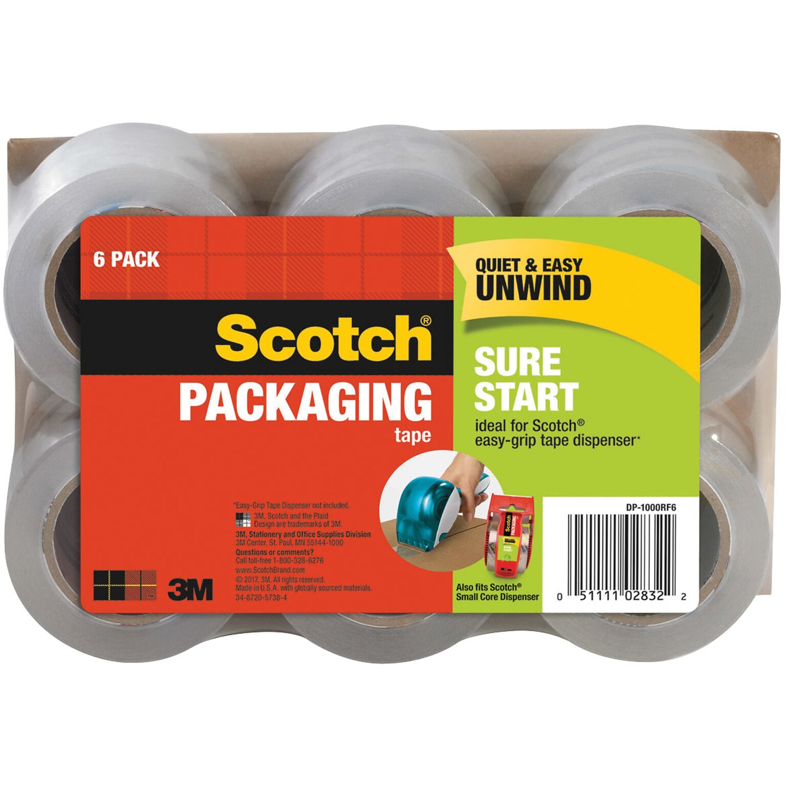 Scotch Sure Start Shipping Packing Tape, Clear, 1.88 x 25 yds., 6-Pack (DP-1000RF6)