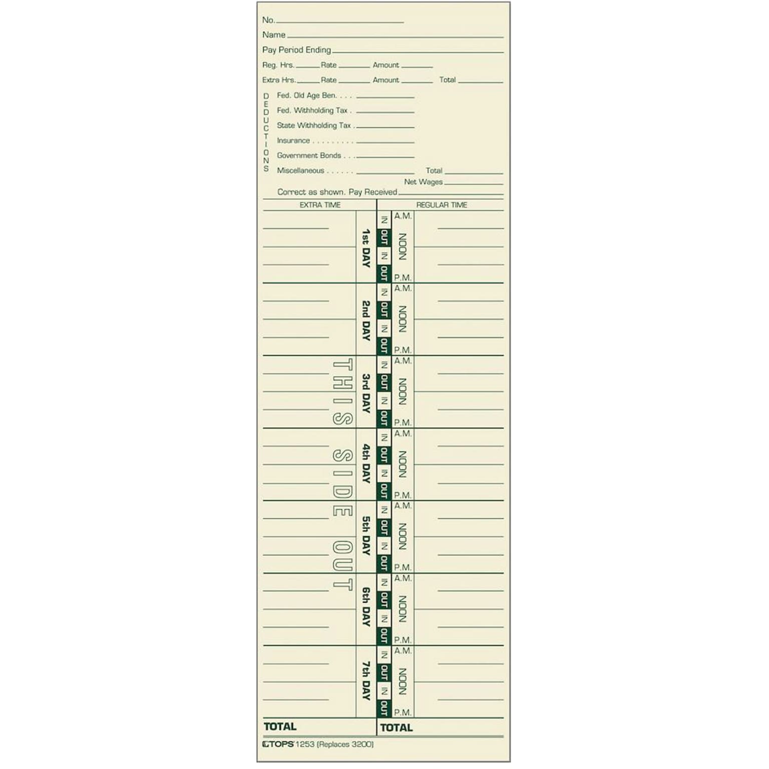TOPS® Time Card, Weekly, Manila, #3200, Green Ink Front, Small pack, 100 CD/PK