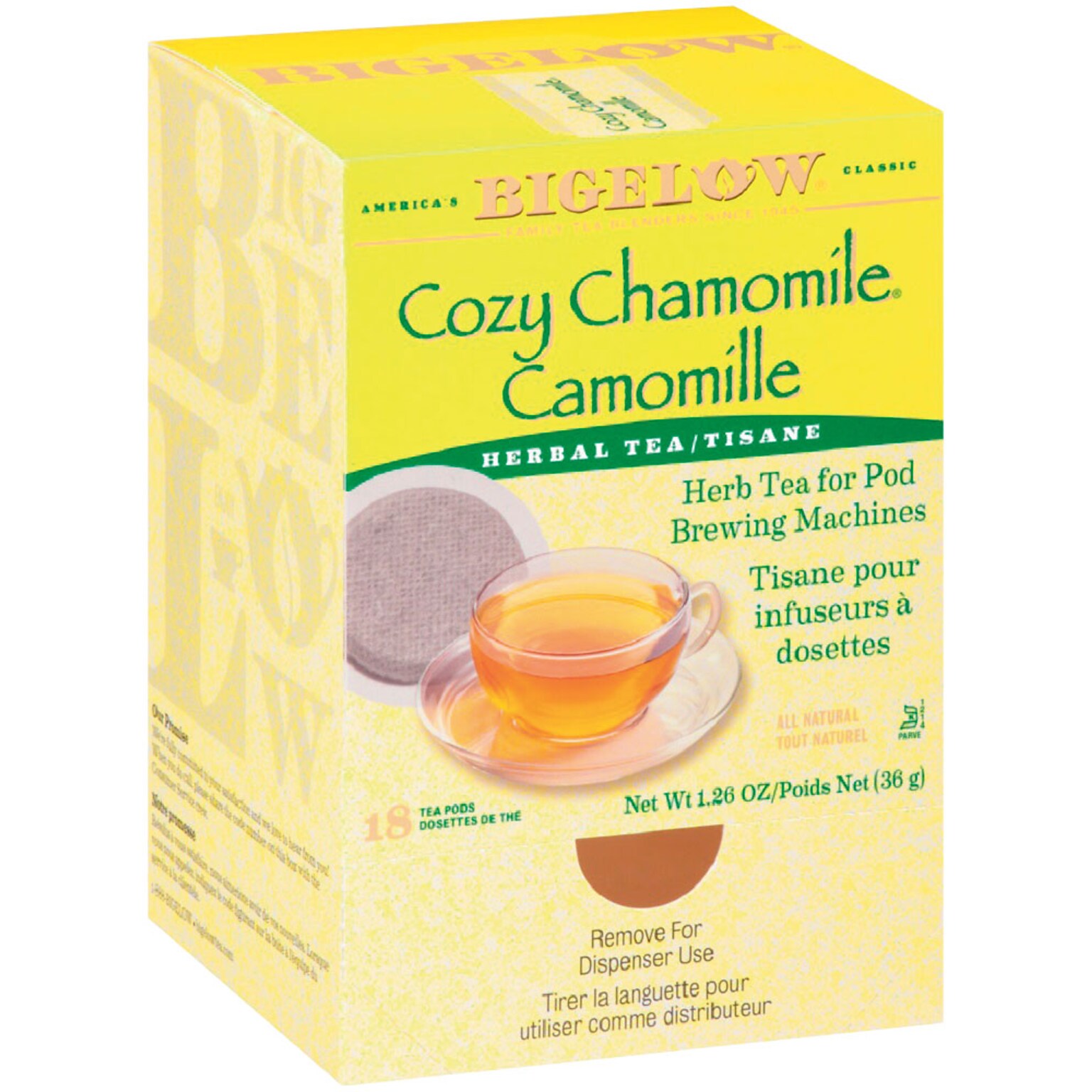 Bigelow Cozy Chamomile Herbal Tea for Pod Brewing Machines, Caffeine Free, 18/Box (RCB10906)