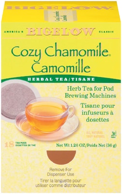 Bigelow Cozy Chamomile Herbal Tea for Pod Brewing Machines, Caffeine Free, 18/Box (RCB10906)