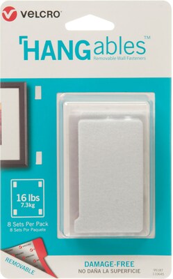 Velcro HANGables Removable Wall Fasteners 3 x 1 3/4 Hook & Loop, White, 8/Pack (95187)