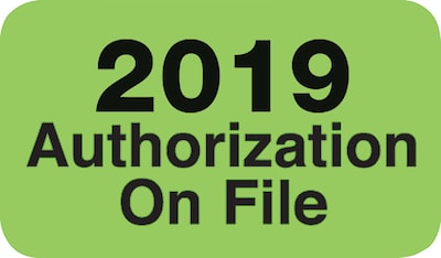 Patient Record Labels; 2019 Authorizations on File, Green, 5/16x1-1/4, 500 Labels
