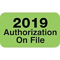 Patient Record Labels; 2019 Authorizations on File, Green, 5/16x1-1/4, 500 Labels