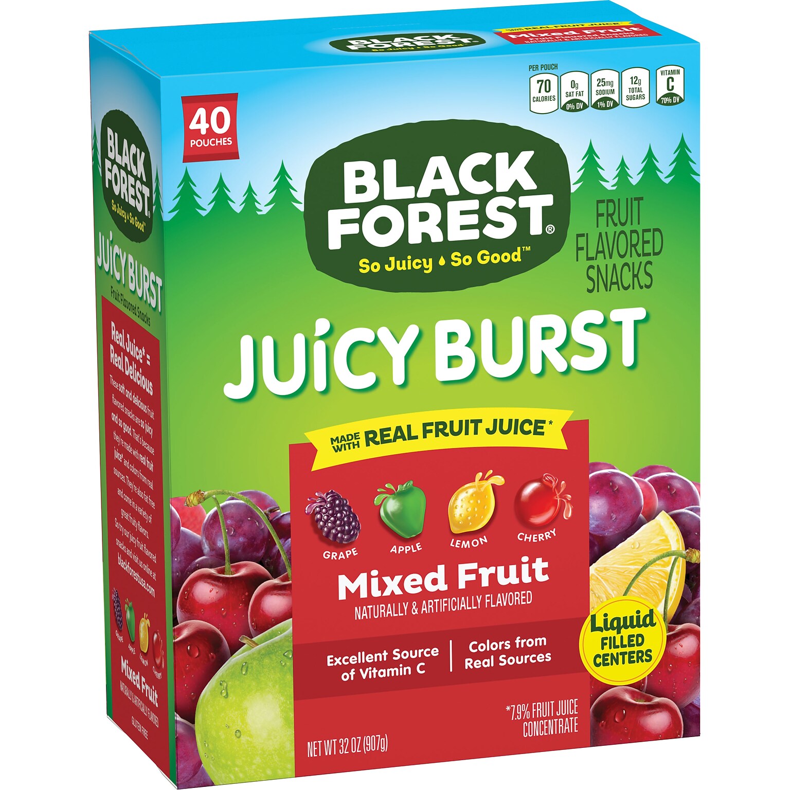 Black Forest Juicy Burst Gluten Free Low Fat Mixed Fruit Gummies, 32 oz., 40 Packs/Box (FER47149)