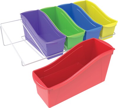 Storex Metal Shelf Rack with 5 Large Book Bins, 7.25 x 14.3 x 25.69, Assorted Colors (71125U01C)