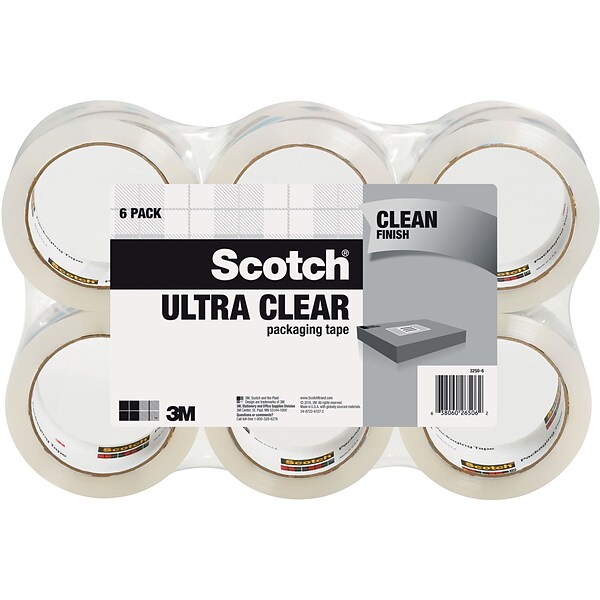 Scotch® Ultra Clear Mailing Packaging Tape, 1.88 x 54.6 yds., Clear, 6/Rolls (3250-6)