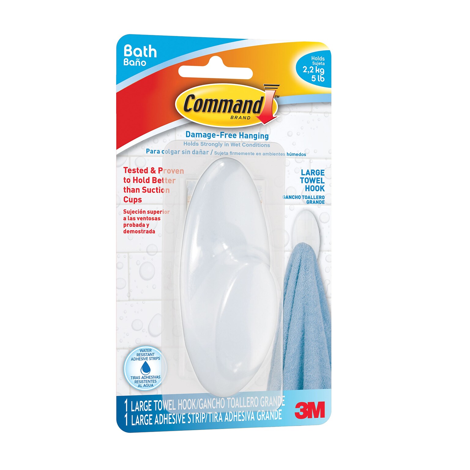 Command Large Bathroom Hooks, White, 1 Hook, 1 Large Water-Resistant Strip/Pack (BATH17-3ES)