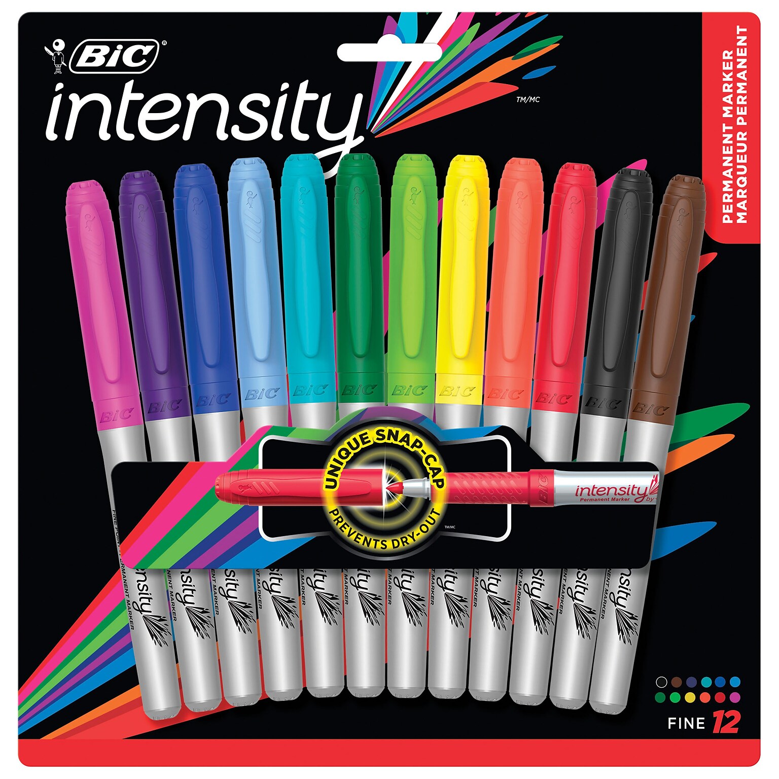 BIC Intensity Permanent Markers, Fine Tip, Assorted, 12/Pack (GPMAP12N-AST)