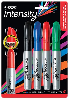 BIC Intensity Tank Permanent Markers, Chisel Tip, Assorted, 4/Pack (GPMMP41AST)