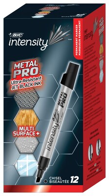 BIC Intensity Metal Pro Permanent Markers, Tank Style, Chisel Tip, Black, 12/Pack (PMIT11-BLK)