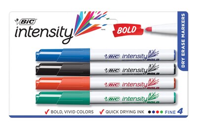 BIC Intensity Bold Dry Erase Markers, Fine Tip, Assorted, 4/Pack (33065)