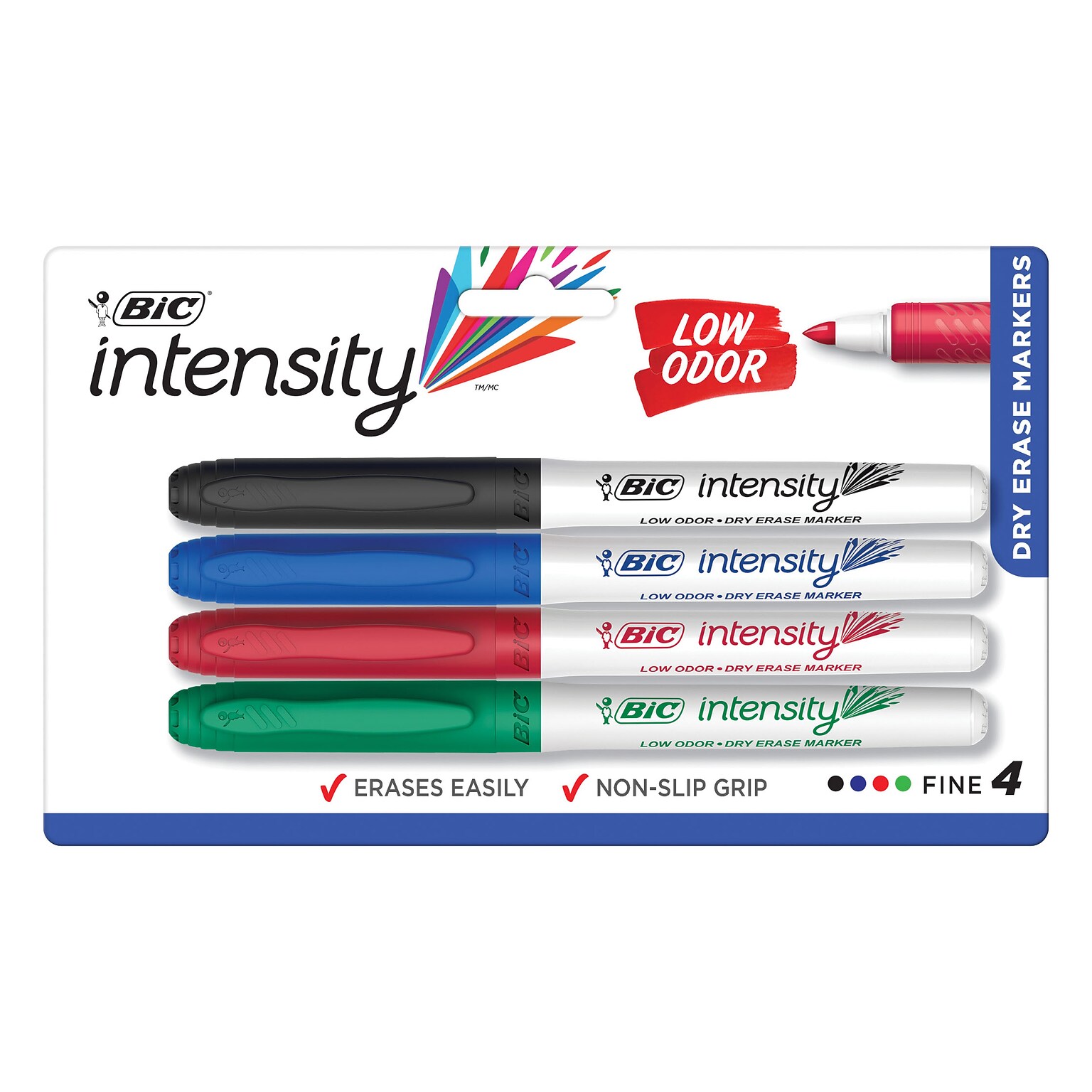 BIC Intensity Dry Erase Markers, Fine Tip, Assorted, 4/Pack (GDEP41-AST)