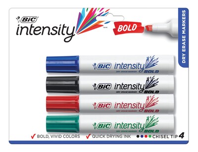 BIC Intensity Bold Tank Dry Erase Markers, Chisel Tip, Assorted, 4/Pack (32856)