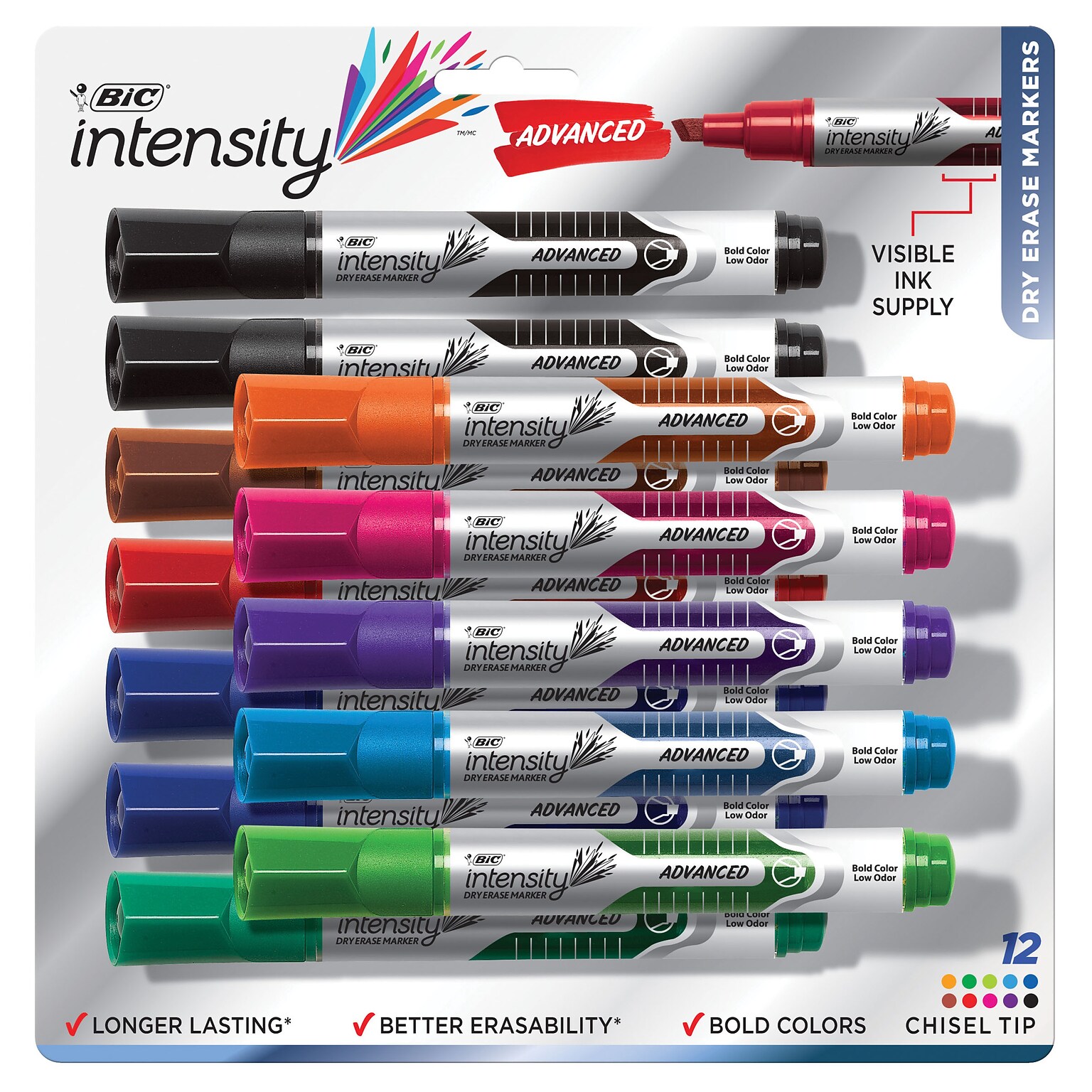 BIC Intensity Advanced Tank Dry Erase Markers, Chisel Tip, Assorted, 12/Pack (GELITP121-AST)