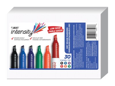 BIC Intensity Low Odor Dry Erase Markers, Tank Style, Chisel Point, Assorted, 30/Pack (GDEM30AST)