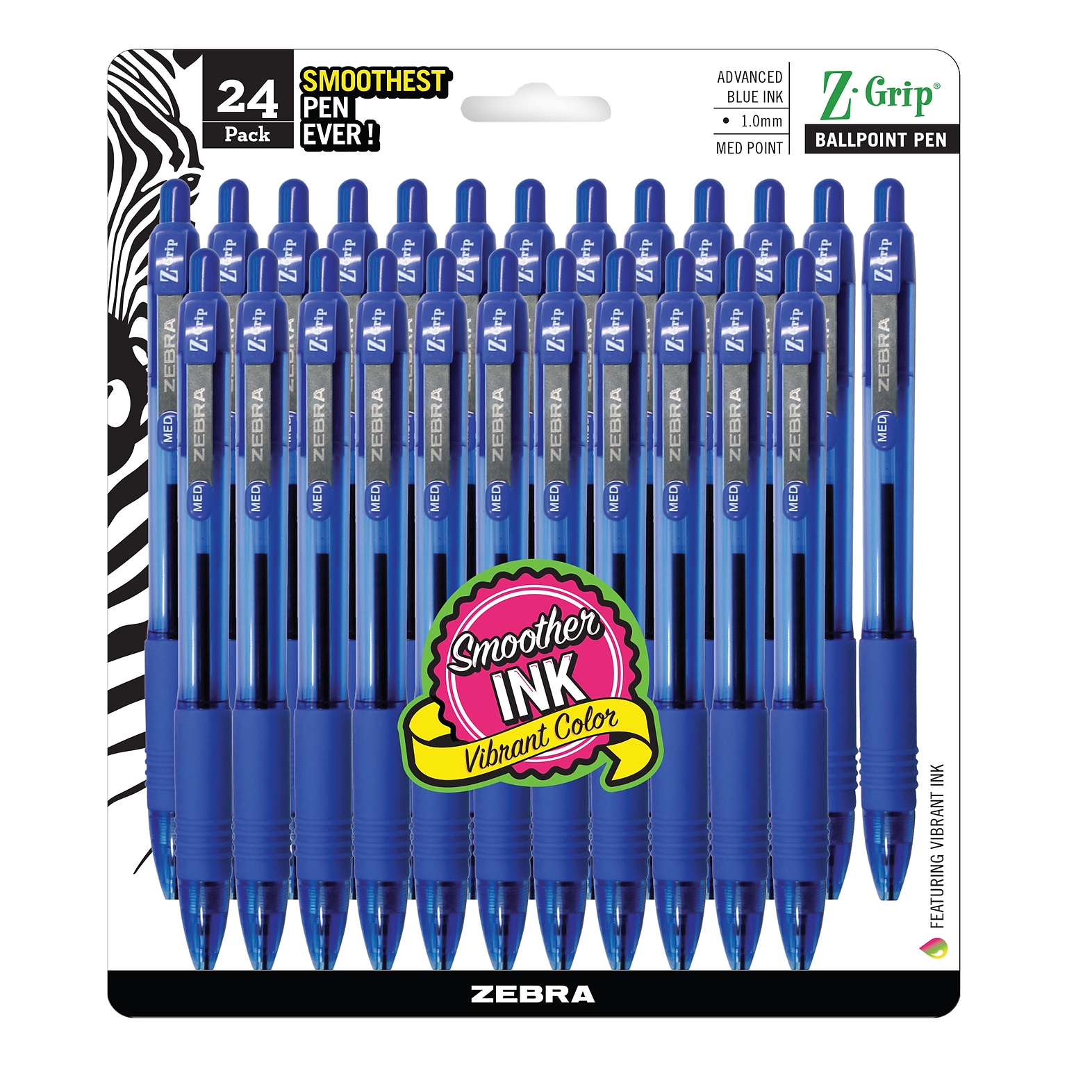 Zebra Z-Grip Retractable Ballpoint Pen, Medium Point, Blue Ink, 24/Pack (ZEB12225)