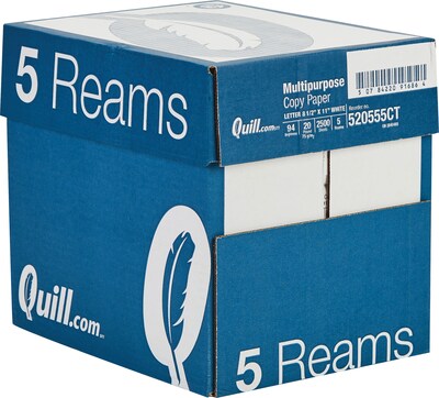 Quill Brand 8.5 x 11 Multipurpose Copy Paper, 20 lbs, 94 Brightness, 500 Sheets/Ream, 5 Reams/Carto
