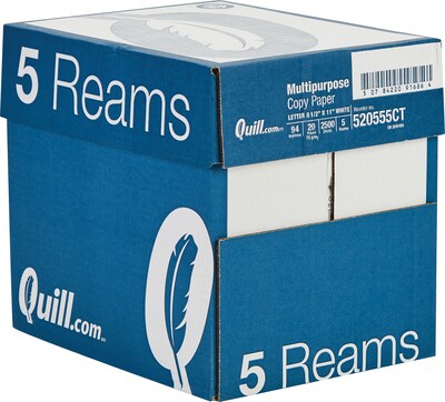 Quill Brand® 8.5 x 11 Multipurpose Copy Paper, 20 lbs., 94 Brightness, 500 Sheets/Ream, 5 Reams/Ca