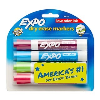 Expo Low Odor Dry Erase Markers, Chisel Tip, Assorted Inks, 4/Set (81029)
