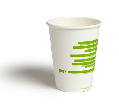 Perk™ Compostable Paper Hot Cup, 12 Oz., White/Green, 50/Pack (PK56222)
