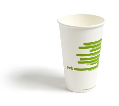 Perk™ Compostable Paper Hot Cup, 16 Oz., White/Green, 300/Carton (PK56221)