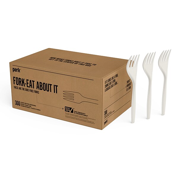 Perk™ Compostable PLA Fork, Medium-Weight, White, 300/Pack (PK56201)